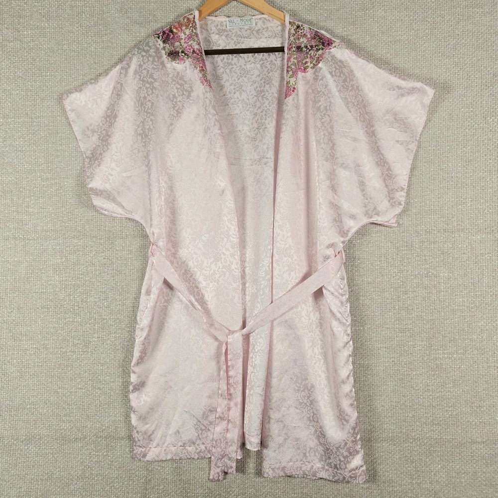 Val Mode Lingerie Vintage Pink Floral Satin Jacquard Robe Lace Shoulder USA Made